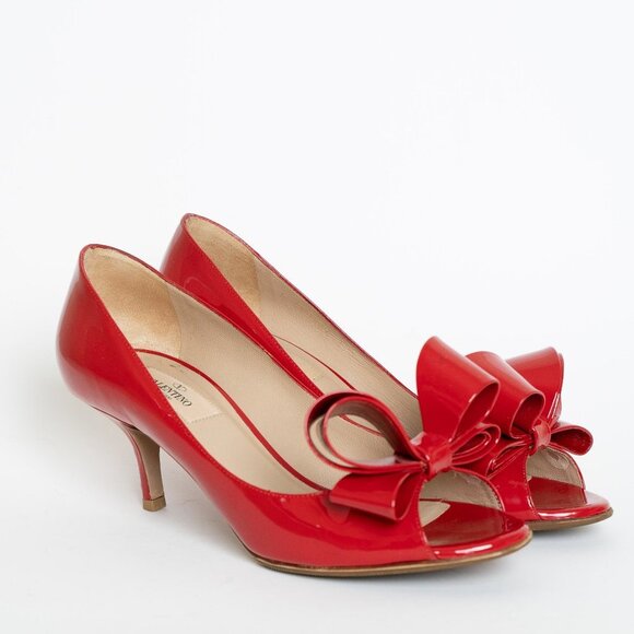 Valentino Garavani Couture Patent Leather Pumps Bow Peep Toe Kitten Heel EU 37.5 - Picture 2 of 14